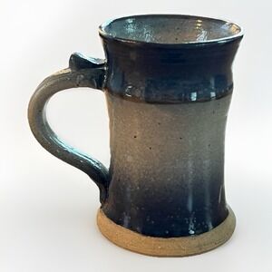 Handmade Studio Pottery Stoneware Coffee Mug Signed Dark Glaze Rustic 5" Blue